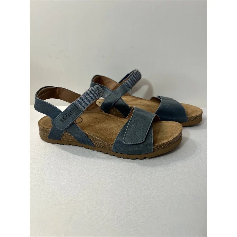Taos Footwear Women's Symbol Petrol Blue Sandal 8 Cork Leather Suede Comfort